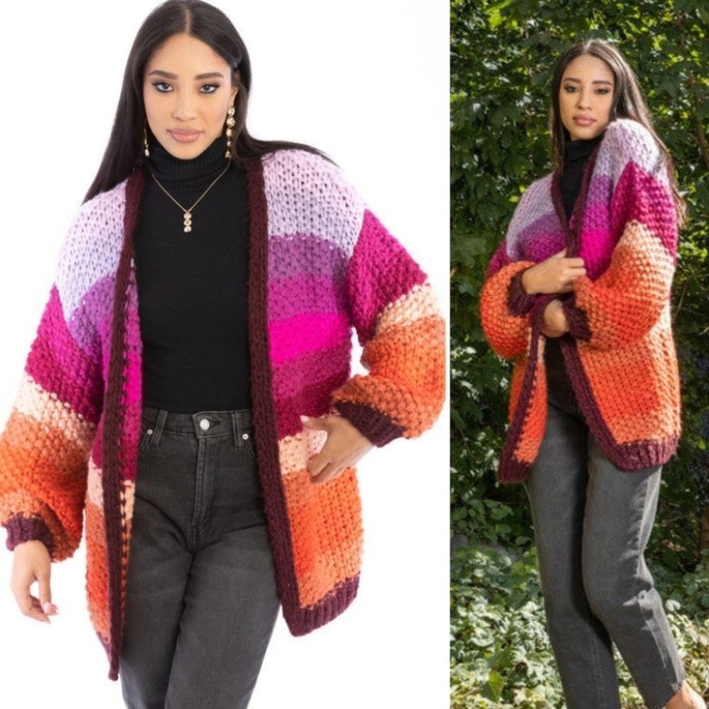 NEW! SAACHI Oversized Rainbow Knitted Cardigan Granny Core